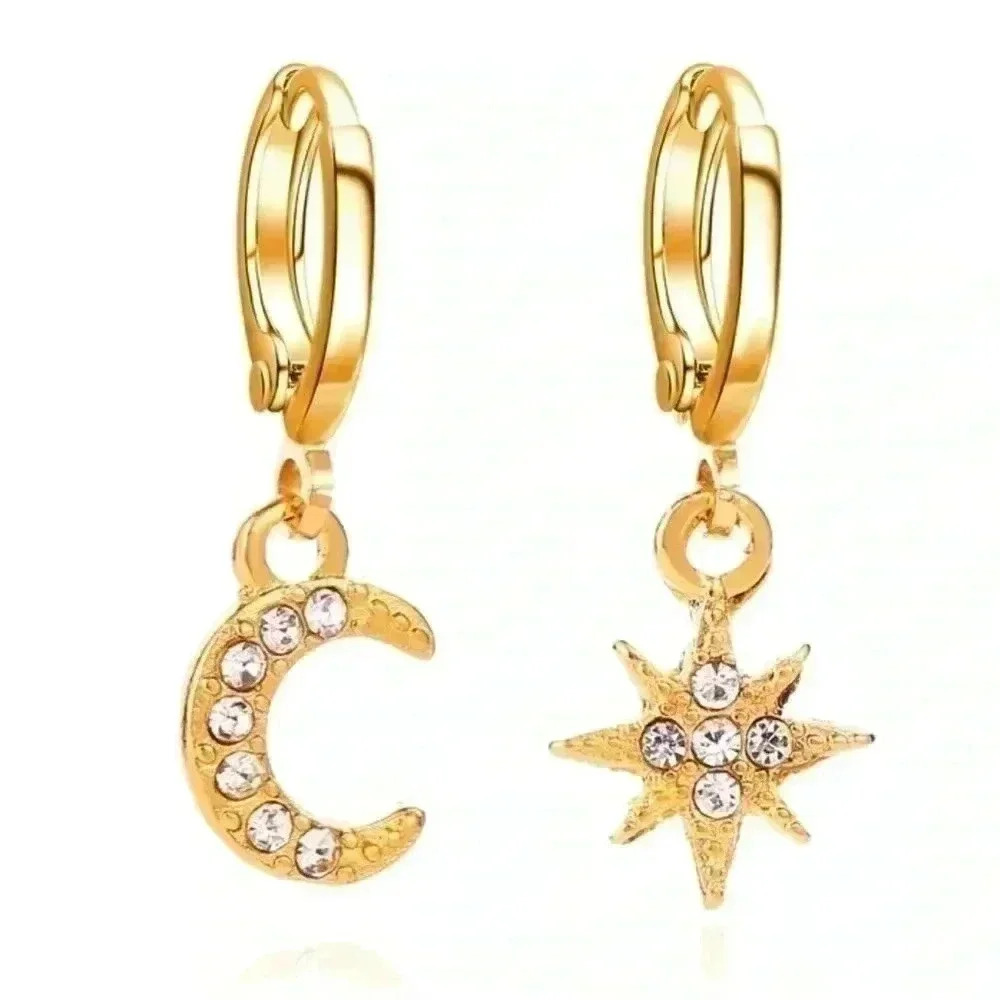 Moon Star Huggie Hoop Gold Earrings